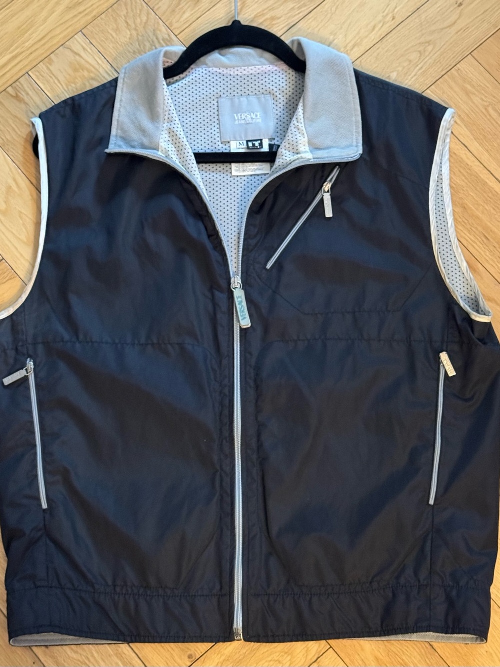 VERSACE JEANS COUTURE Black Men's Zip-Front Vest with Gray Trim